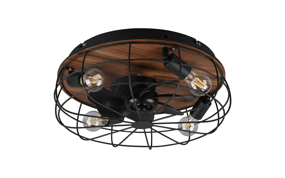 HLW LED LED Plafondlamp met Ventilator - Plafondventilator - Trion Turbind - E27 Fitting - Afstandsbediening - Rond - Mat Zwart/Bruin - Aluminium