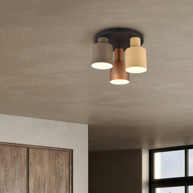 Zwarte LED plafondlamp met drie E27 fittingen en multicolor verlichting tot 40W