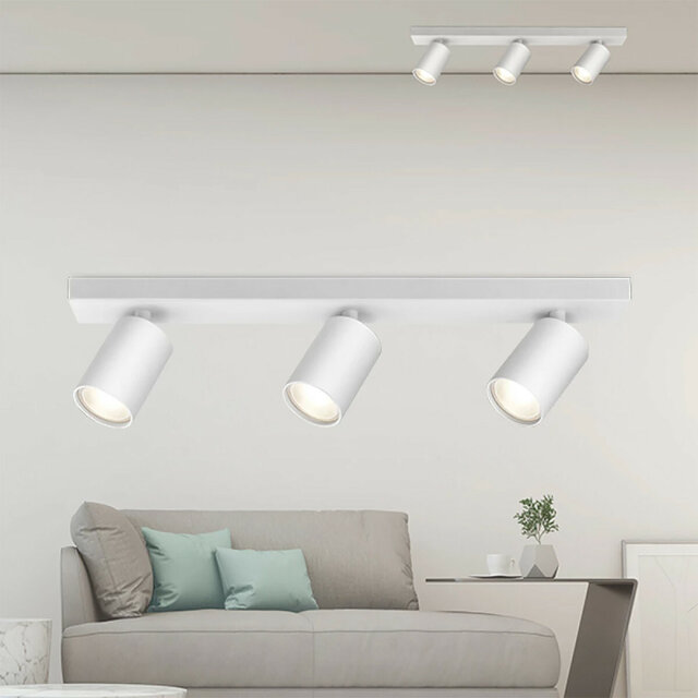 Mat witte LED-plafondspot met drie GU10-lampen, 10.5W vermogen en warm wit licht van 2700K