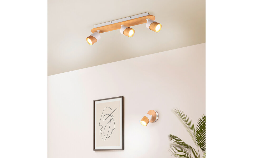 HLW LED LED Plafondspot - Trion Arnia - GU10 Fitting - 3-lichts - Rond - Hout/Wit - Natuurhout