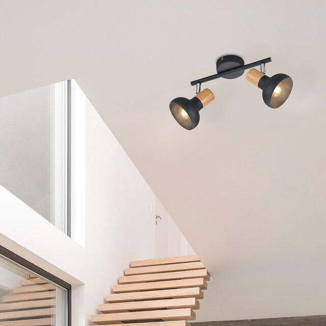 Mat zwarte LED plafondspot met 2 lichtpunten en E14 fitting, geschikt tot 10W