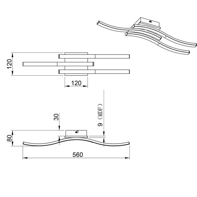 HLW LED LED Ceiling Lamp - Ceiling Lighting - Trion Dalga - 3-light - 5W - 3000K - Warm White - Curved Shape - Brown - MDF