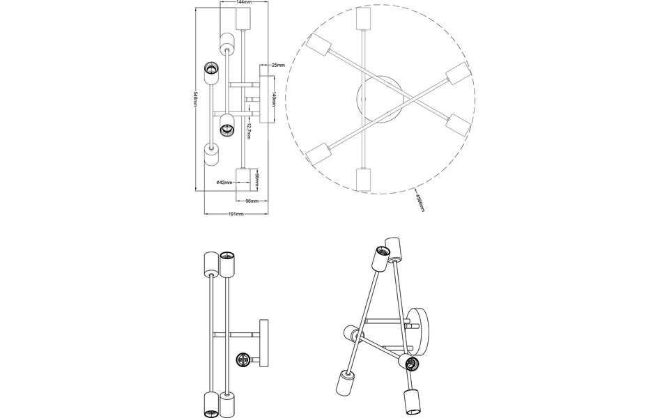 HLW LED LED Plafondlamp - Plafondverlichting - Trion Ross - E27 Fitting - 6-lichts - Verstelbaar - Rond - Mat Zwart Aluminium