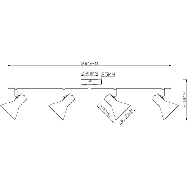 vierkante LED plafondspot met vier E14 fittingen in mat zwart en goud tot 40W verlichting