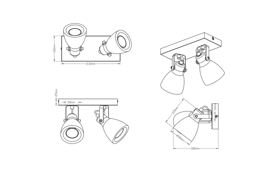 HLW LED LED Ceiling Spotlight - Trion Conry - GU10 Fitting - 2-light - Rectangular - Matte Gray Concrete Look - Aluminum