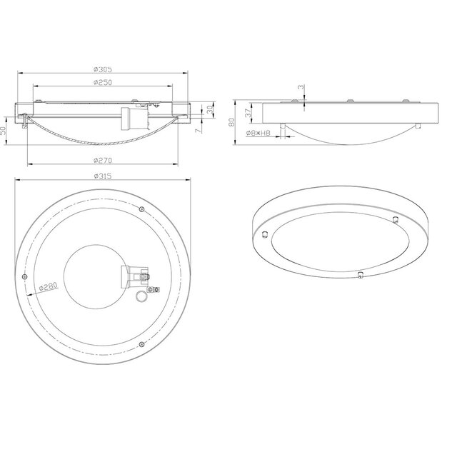 ronde LED plafondlamp chroom met E27 fitting en spatwaterdichte IP44 bescherming, Ø310 mm