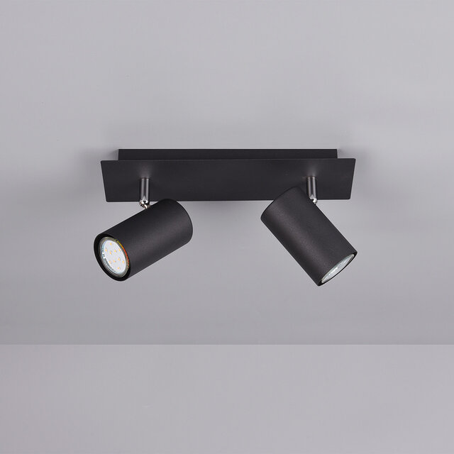 Mat zwarte plafondspot met 2 draaibare GU10 spots geschikt tot 35W binnenverlichting