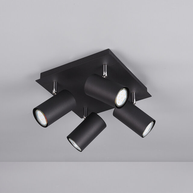 vierlichts mat zwarte LED plafondspot met GU10 fitting en maximaal 35W vermogen vierlichts mat zwarte LED plafondspot met GU10 fitting en maximaal 35W vermogen