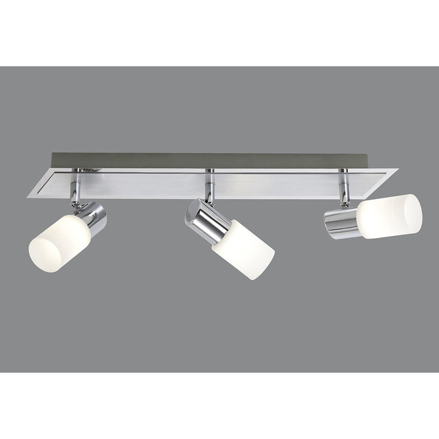 Mat chroomkleurige LED plafondspot met drie lichtpunten, 12W vermogen en warm wit licht 3000K