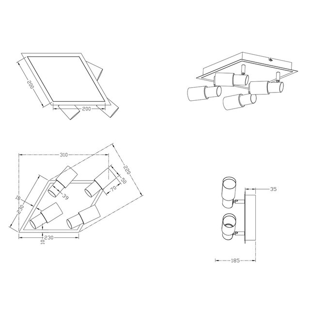HLW LED LED Ceiling Spotlight - Trion Clupo - 16W - Warm White 3000K - 4-light - Square - Matte Chrome - Aluminum - OSRAM LEDs