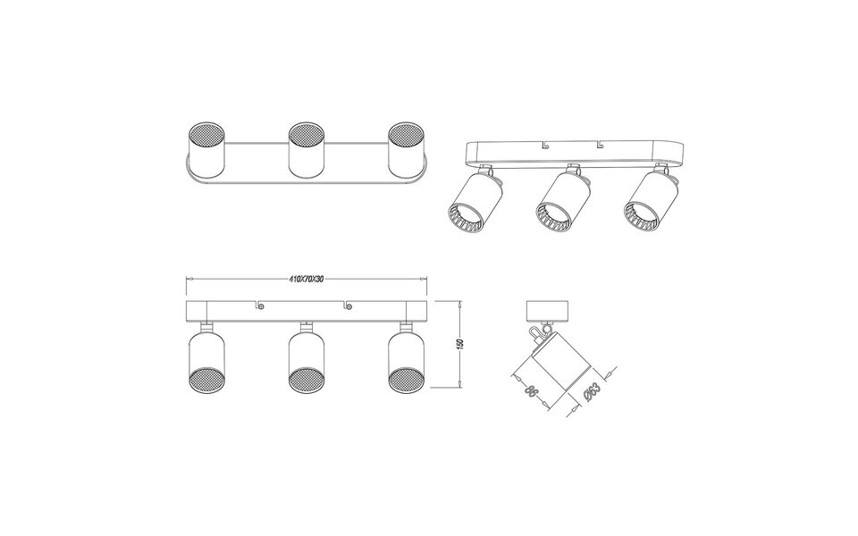 HLW LED LED Ceiling Spotlight - Trion Pirlo - GU10 Fitting - 3-light - Rectangular - Matt White - Aluminum