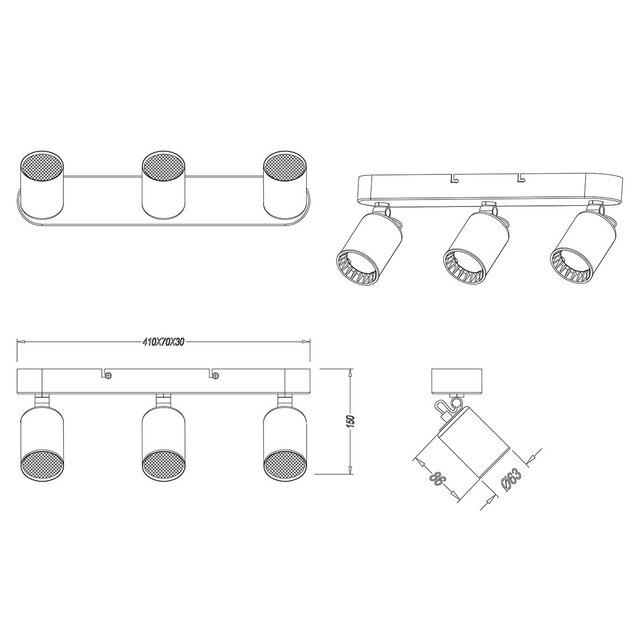 HLW LED LED Plafondspot - Trion Pirlo - GU10 Fitting - 3-lichts - Rechthoek - Mat Zwart - Aluminium