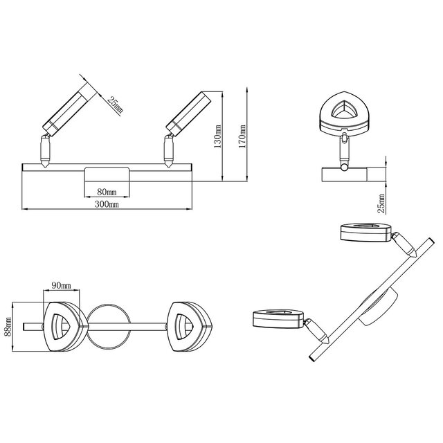 Mat chroomkleurige 2-lichts LED plafondspot met warm wit licht 3000K en 8W vermogen Mat chroomkleurige 2-lichts LED plafondspot met warm wit licht 3000K en 8W vermogen