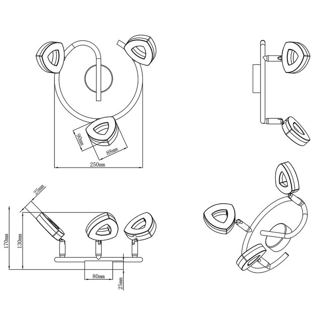 driearmige ronde LED plafondspot in wit met 12W vermogen en warm wit licht 3000K