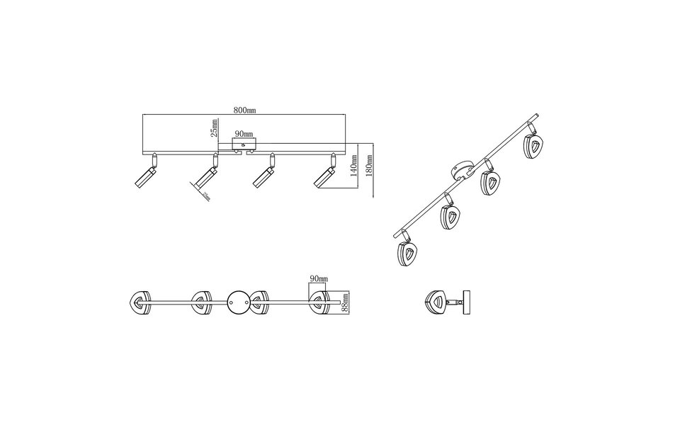 HLW LED LED ceiling spotlight - Trion Turon - 16W - Warm White 3000K - 4 lights - Rectangular - Matt Chrome - Aluminum