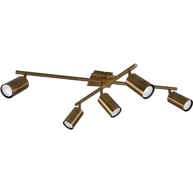 zeskoppige LED plafondspot in antiek koperen kleur met GU10 fitting en maximaal 35W vermogen