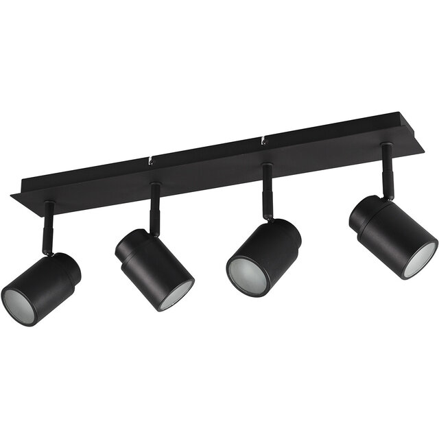 Mat zwarte LED plafondspot met 4 GU10 fittingen, geschikt voor vochtige ruimtes IP44, vermogen tot 5W