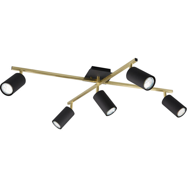 Vijflichts LED plafondspot met mat zwarte en gouden armaturen, diameter 77 cm, GU10 fitting, tot 25W vermogen Vijflichts LED plafondspot met mat zwarte en gouden armaturen, diameter 77 cm, GU10 fitting, tot 25W vermogen