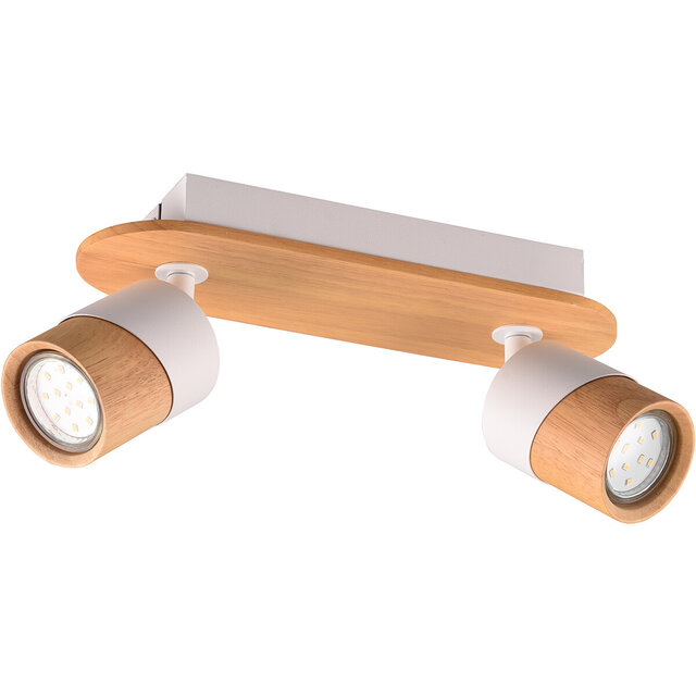 Twee-lichts LED plafondspot in natuurhout met witte accenten en GU10 fitting tot 10W Twee-lichts LED plafondspot in natuurhout met witte accenten en GU10 fitting tot 10W