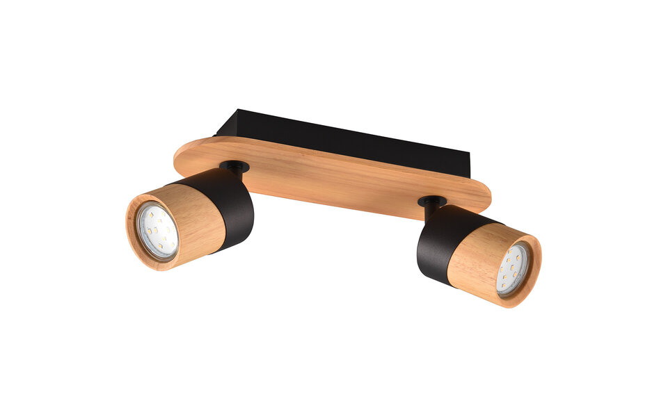 HLW LED LED Ceiling Spotlight - Trion Arnia - GU10 Fitting - 2-light - Round - Wood/Black - Natural Wood