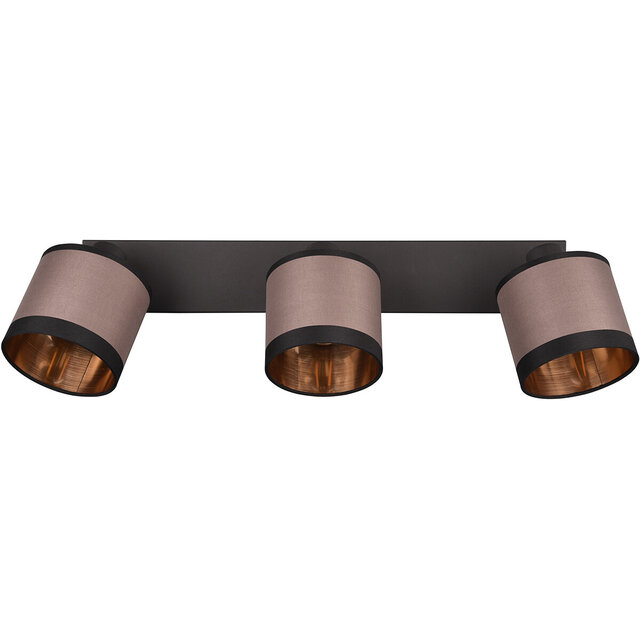 mat zwarte LED plafondlamp met drie taupe E14 lampenkappen en maximaal 10W vermogen