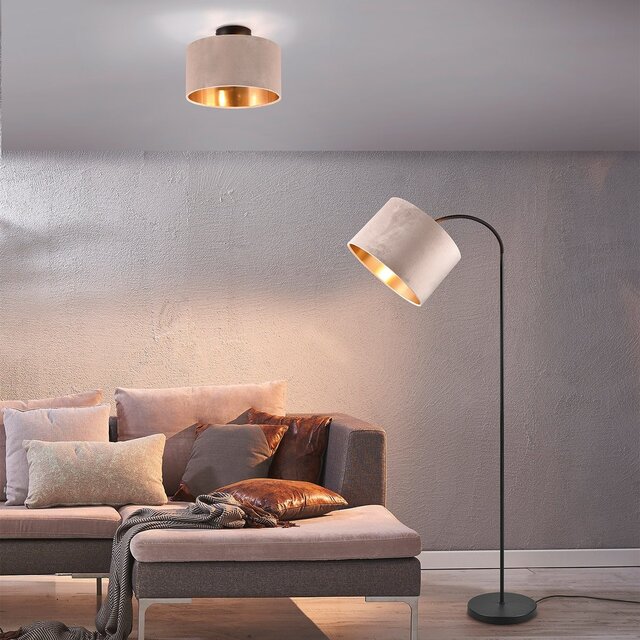 beige LED plafondlamp met textiele kap en twee E14 fittingen tot 40W