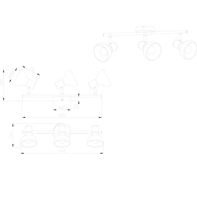 Mat zwarte LED plafondspot met drie E14 fittingen en maximaal 10W vermogen