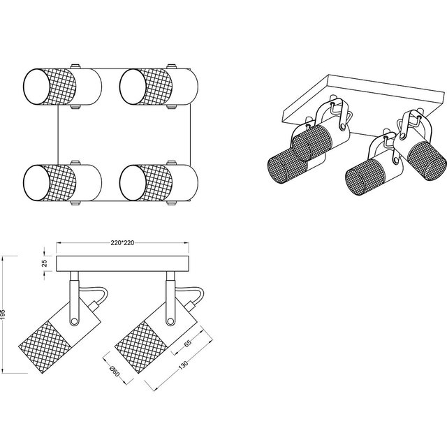 HLW LED LED Plafondspot - Trion Josh - E14 Fitting - 4-lichts - Rond - Zwart Wit - Metaal