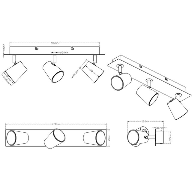 drie-lichts mat nikkel LED plafondspot met warm wit licht 3000K en 1650 lumen drie-lichts mat nikkel LED plafondspot met warm wit licht 3000K en 1650 lumen