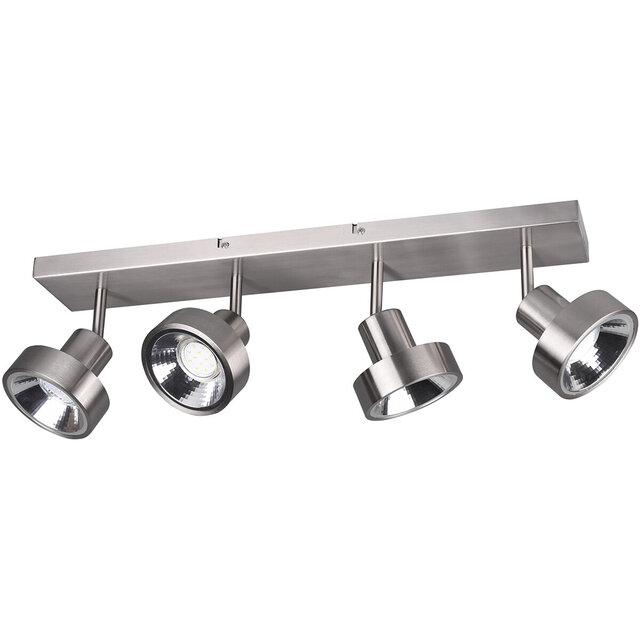 Mat nikkel plafondspot met vier GU10 LED-lampen, strak vierkant design, geschikt tot 35W verlichting