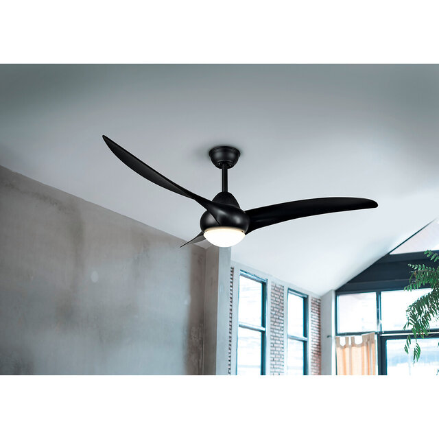 mat zwarte ronde plafondventilator met geïntegreerde dimbare LED verlichting en 20W vermogen