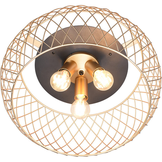 Ronde 3-lichts LED plafondlamp mat zwart met gouden accenten en E27 fitting tot 40W Ronde 3-lichts LED plafondlamp mat zwart met gouden accenten en E27 fitting tot 40W