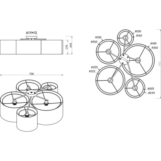 Ronde mat zwarte plafondlamp met vijf E27 fittingen en maximaal 40W vermogen