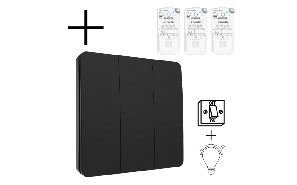 Smartlife Domotica Slimme Draadloze Wandschakelaar | Zwart | RF 433Mhz | 3 knoppen | Kinetisch | Aan/uit + dimmer | Set | Opbouw | Bediening met uw Smartphone