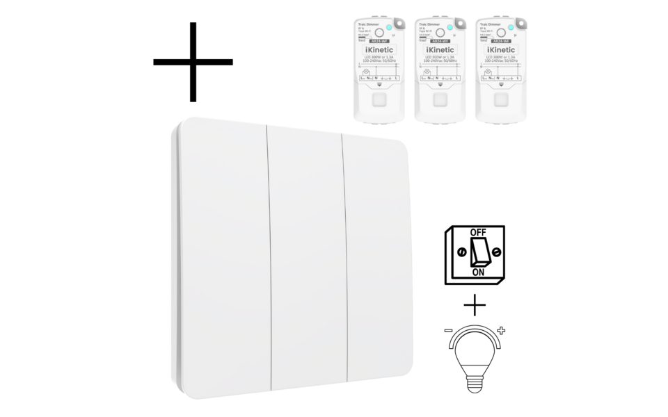 Smartlife Domotica Slimme Draadloze Wandschakelaar | Wit | RF 433Mhz | 3 knoppen | Kinetisch | Aan/uit + dimmer | Set | Opbouw | Bediening met uw Smartphone