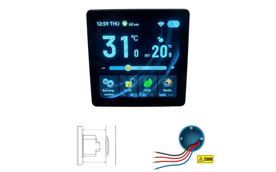 Smartlife Domotica Wifi Inbouw Thermostaat met Full Screen TFT voor C.V. Installatie (zwart)