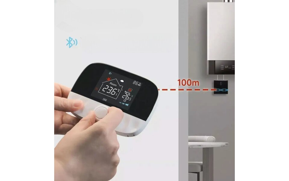 Smartlife Domotica Smart WiFi Opbouw Thermostaat | Draadloos | Draaiknop Bediening | Voor C.V.-Installatie | Tuya App | Google Home & Alexa | Zwart/Grijs