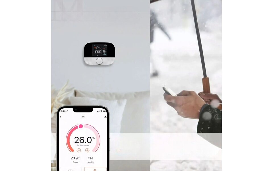 Smartlife Domotica Smart WiFi Opbouw Thermostaat | Draadloos | Draaiknop Bediening | Voor C.V.-Installatie | Tuya App | Google Home & Alexa | Zwart/Grijs