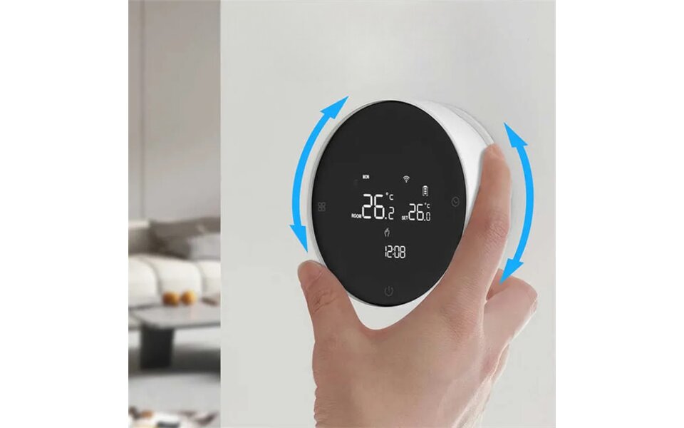 Smartlife Domotica Smart WiFi Opbouw Thermostaat | Rond | Touchscreen | Draadloos | Voor C.V.-Installatie | Tuya App | Google Home & Alexa | Zwart/Wit