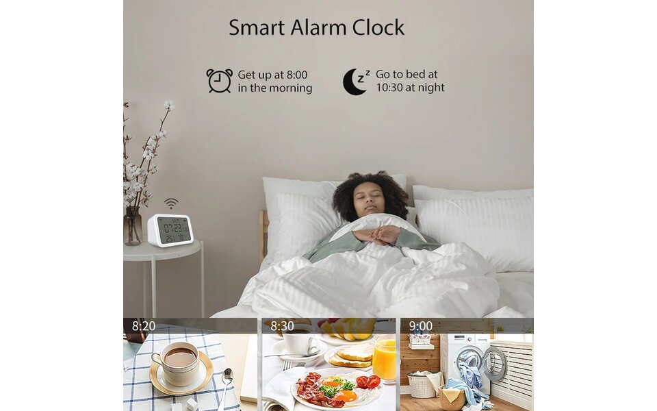 Tuya Wifi Slimme 4in1 Meter | Temperatuur, Luchtvochtigheid en Lumen (lichtopbrengst) Sensor met ingebouwde wekker functie Tuya Wifi Slimme 4in1 Meter | Temperatuur, Luchtvochtigheid en Lumen (lichtopbrengst) Sensor met ingebouwde wekker functie