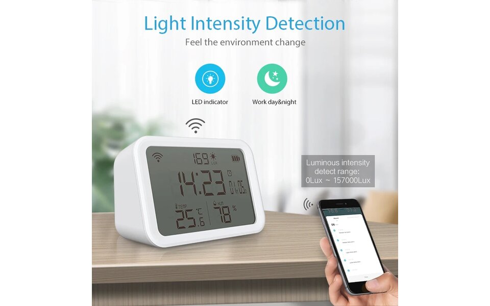 Tuya Wifi Slimme 4in1 Meter | Temperatuur, Luchtvochtigheid en Lumen (lichtopbrengst) Sensor met ingebouwde wekker functie Tuya Wifi Slimme 4in1 Meter | Temperatuur, Luchtvochtigheid en Lumen (lichtopbrengst) Sensor met ingebouwde wekker functie