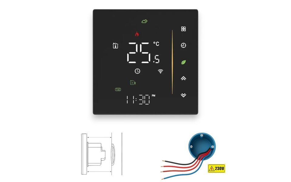 Smartlife Domotica Wifi Inbouw Thermostaat met Touchscreen voor C.V. Installatie (zwart)