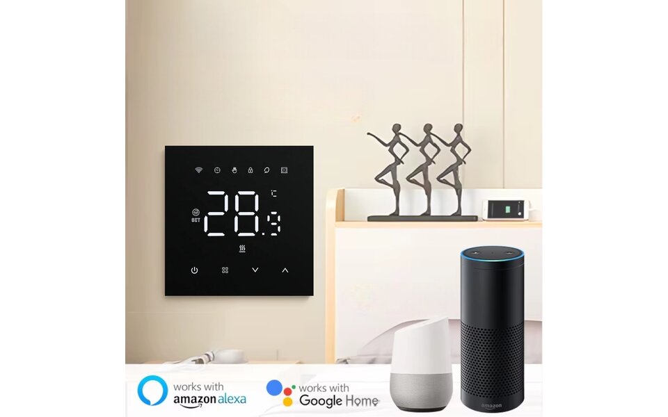 Smartlife Domotica Wifi Inbouw Thermostaat met Touchscreen voor Elektrische vloerverwarming en Infrarood (zwart)