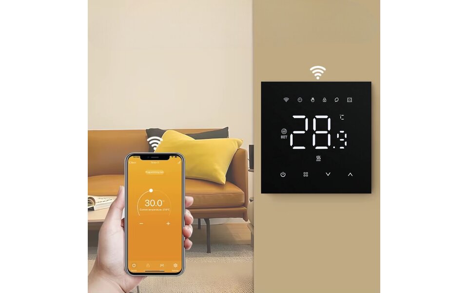 Smartlife Domotica Wifi Inbouw Thermostaat met Touchscreen voor Elektrische vloerverwarming en Infrarood (zwart)