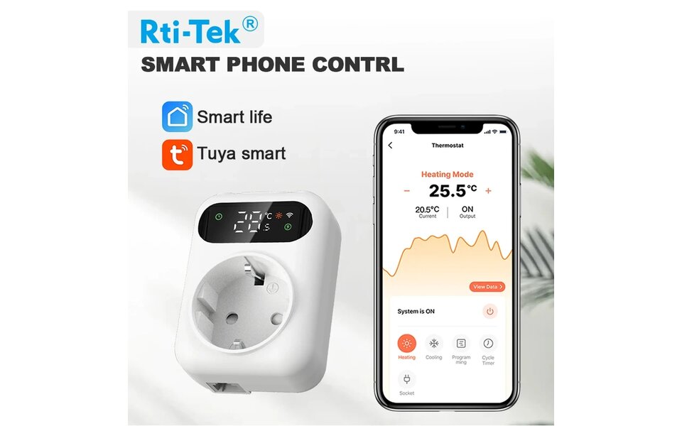 Smartlife Domotica Smart WiFi Stekker Thermostaat | Met Randaarde | Voor Verwarming & Airco | Max 10A | Programmeerbaar | Tuya App | Google Home en Alexa
