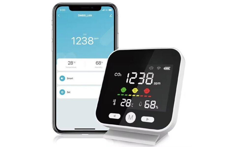 Smartlife Domotica CO₂ Detector | WiFi Tuya Smart Life | CO₂‑ppm, Temp & RV | Spraak via Google Home & Alexa | USB 5 V voeding | Compact formaat | Wit Smartlife Domotica CO₂ Detector | WiFi Tuya Smart Life | CO₂‑ppm, Temp & RV | Spraak via Google Home & Alexa | USB 5 V voeding | Compact formaat | Wit