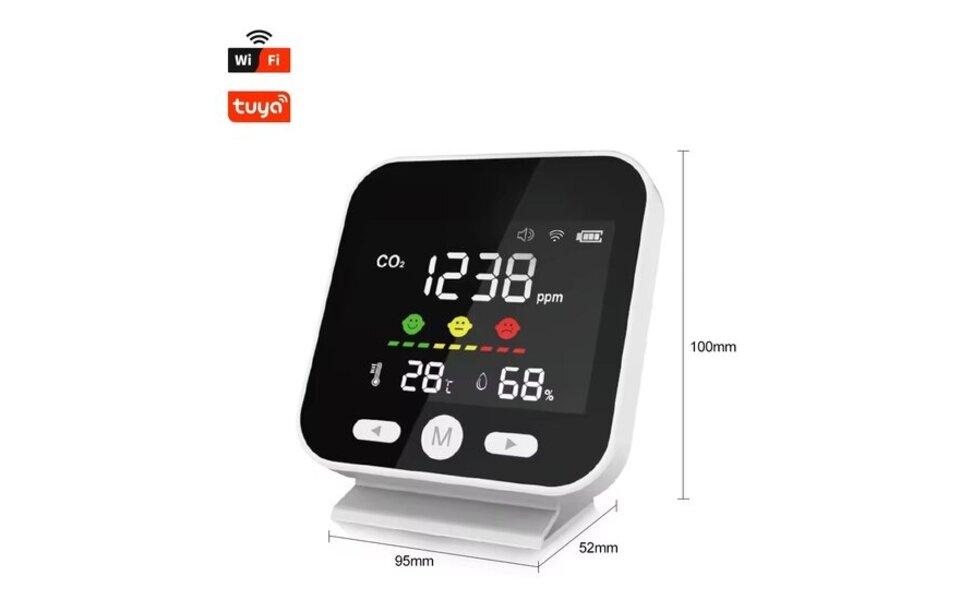 Smartlife Domotica CO₂ Detector | WiFi Tuya Smart Life | CO₂‑ppm, Temp & RV | Spraak via Google Home & Alexa | USB 5 V voeding | Compact formaat | Wit Smartlife Domotica CO₂ Detector | WiFi Tuya Smart Life | CO₂‑ppm, Temp & RV | Spraak via Google Home & Alexa | USB 5 V voeding | Compact formaat | Wit