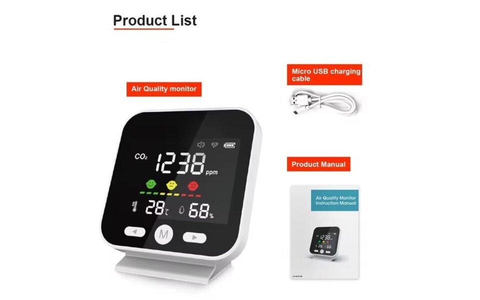 Smartlife Domotica CO₂ Detector | WiFi Tuya Smart Life | CO₂‑ppm, Temp & RV | Spraak via Google Home & Alexa | USB 5 V voeding | Compact formaat | Wit Smartlife Domotica CO₂ Detector | WiFi Tuya Smart Life | CO₂‑ppm, Temp & RV | Spraak via Google Home & Alexa | USB 5 V voeding | Compact formaat | Wit