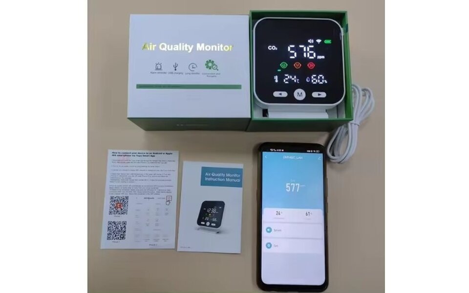 Smartlife Domotica CO₂ Detector | WiFi Tuya Smart Life | CO₂‑ppm, Temp & RV | Spraak via Google Home & Alexa | USB 5 V voeding | Compact formaat | Wit Smartlife Domotica CO₂ Detector | WiFi Tuya Smart Life | CO₂‑ppm, Temp & RV | Spraak via Google Home & Alexa | USB 5 V voeding | Compact formaat | Wit