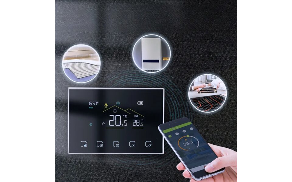 Smartlife Domotica Wifi Draadloze Thermostaat met Touchscreen voor alle type verwarming (zwart) Smartlife Domotica Wifi Draadloze Thermostaat met Touchscreen voor alle type verwarming (zwart)